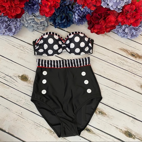 Retro Black & White Dot High Waist Push-Up Bikini - Picture 8 of 16